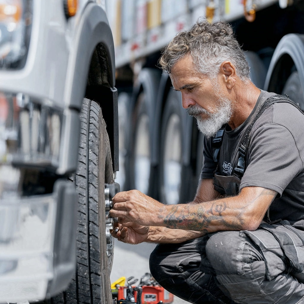 Mobile truck tire repair technician servicing a semi truck roadside in Dallas Fort Worth- 24/7 commercial tire service
